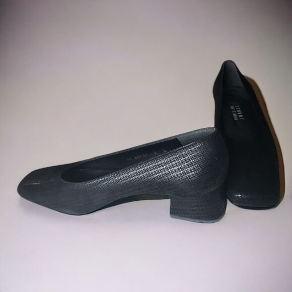 Stuart Weitzman Black Textured Square Toe Low Block Heel Pumps - Picture 5 of 8